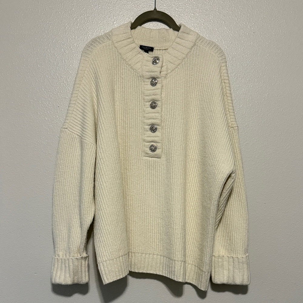 Talbots Cream Ribbed Henley Sweater Top with Beautiful Rhinestone Buttons - Picture 1 of 10